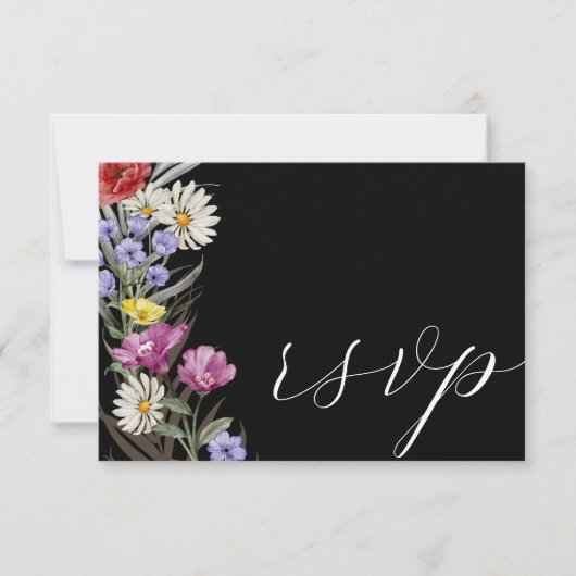 Boho Watercolor Wild Blume & Black Wedding RSVP Karte (Vorderseite)