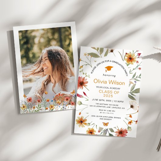 Boho Watercolor Wildblume Foto Graduation Party Einladung