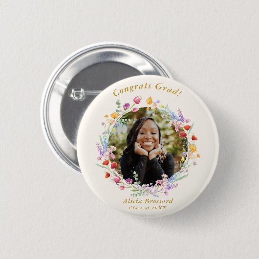 Boho Watercolor Wildblume Grad Foto Button (Vorne & Hinten)