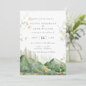 Boho Watercolor Wildblume Mountain Foto Hochzeit Einladung (Stehend Vorderseite)