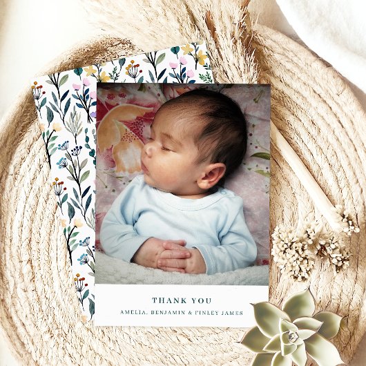 Boho Watercolor Wildblume Simple Baby Foto Dankeskarte