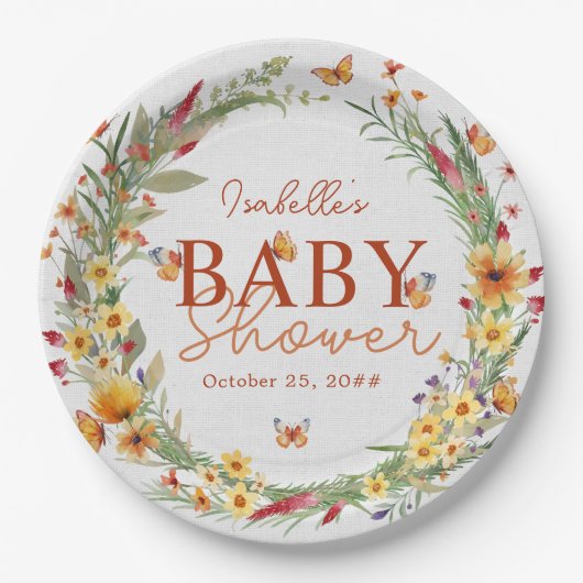 Boho Watercolor Wildblumen Babydusche Pappteller (Vorderseite)