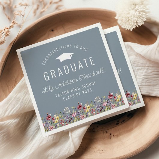 Boho Watercolor Wildblumen Blue Graduation Party Serviette