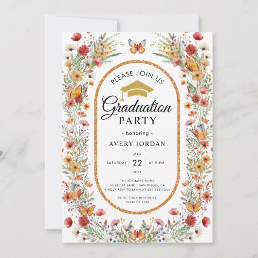 Boho Watercolor Wildblumen Foto Graduation Party Einladung (Vorderseite)