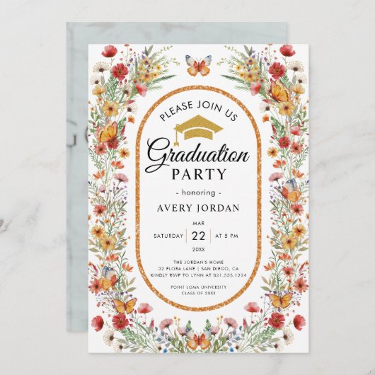 Boho Watercolor Wildblumen Foto Graduation Party Einladung (Vorne/Hinten)