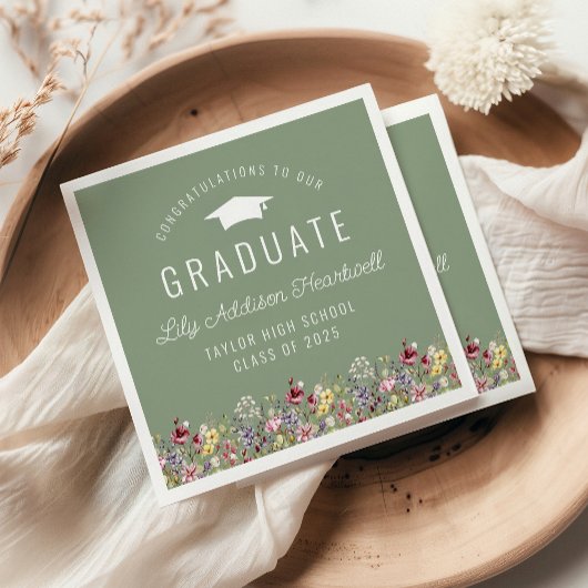 Boho Watercolor Wildblumen Green Graduation Party Serviette