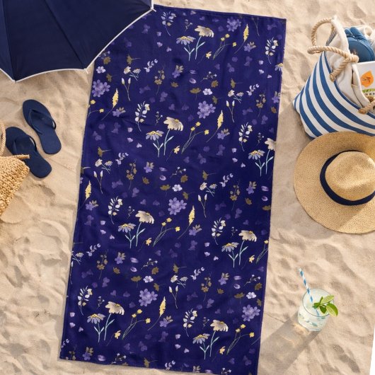 Boho Watercolor Wildblumen Navy  Strandtuch