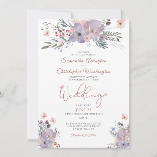 Boho Watercolor Wildblumen Violet Green Wedding Einladung (Vorderseite)