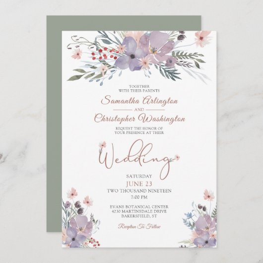 Boho Watercolor Wildblumen Violet Green Wedding Einladung (Vorne/Hinten)