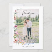 Boho Watercolor Wildflower Calligraphy Wedding Dankeskarte (Vorderseite)