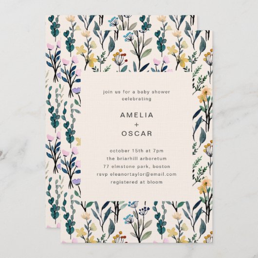Boho Watercolor Wildflower Couples Baby Shower Einladung (Vorne/Hinten)