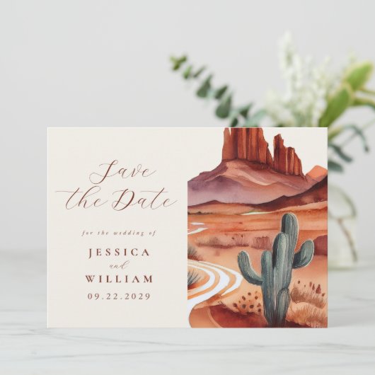 Boho Watercolor Wüste Wedding Save The Date (Stehend Vorderseite)