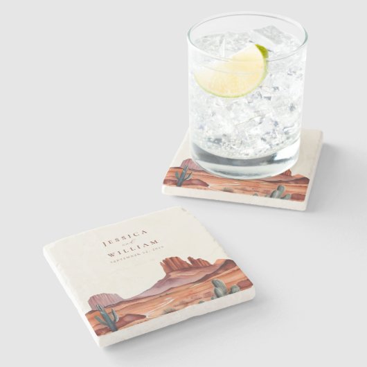 Boho Watercolor Wüste Wedding Steinuntersetzer (Seitenansicht)