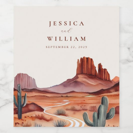 Boho Watercolor Wüste Wedding Weinetikett (Einzelnes Label)