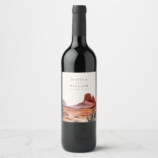 Boho Watercolor Wüste Wedding Weinetikett (Vorderseite)