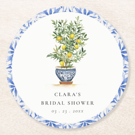 Boho Watercolor Yellow Lemon Tree Brautparty Runder Pappuntersetzer (Vorderseite)