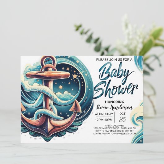 Boho Waves Blue Baby Dusche Einladung (Stehend Vorderseite)