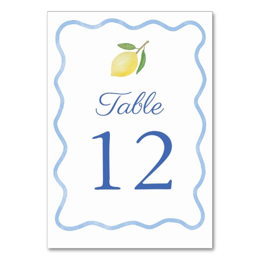Boho Wavy Blue Border Citrus Lemon Wedding Tischnummer (Vorderseite)