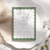 Boho Wavy Border Green & White Wedding Einladung