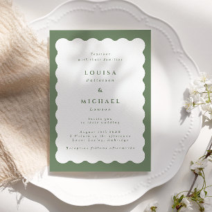 Boho Wavy Border Green & White Wedding Einladung