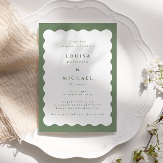Boho Wavy Border Green & White Wedding Einladung
