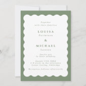 Boho Wavy Border Green & White Wedding Einladung (Vorderseite)