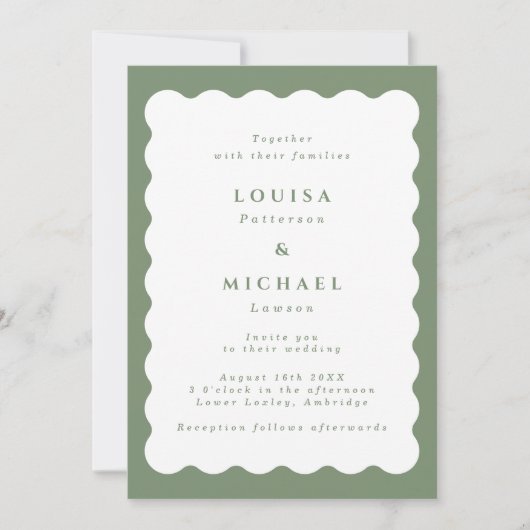 Boho Wavy Border Green & White Wedding Einladung (Vorderseite)