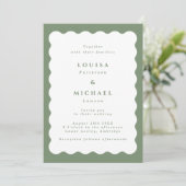 Boho Wavy Border Green & White Wedding Einladung (Stehend Vorderseite)