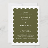 Boho Wavy Border Olive Green & White Wedding Einladung (Vorderseite)