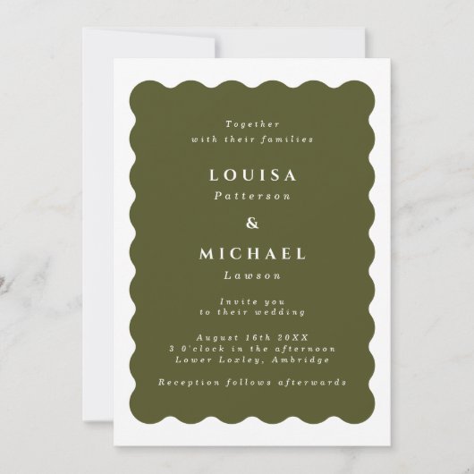 Boho Wavy Border Olive Green & White Wedding Einladung (Vorderseite)