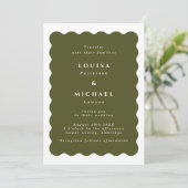 Boho Wavy Border Olive Green & White Wedding Einladung (Stehend Vorderseite)