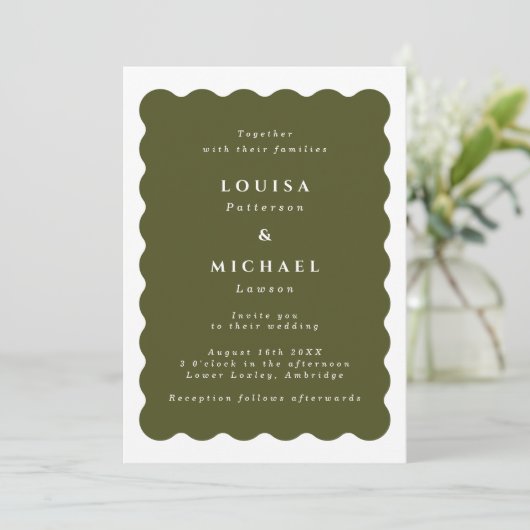 Boho Wavy Border Olive Green & White Wedding Einladung (Stehend Vorderseite)