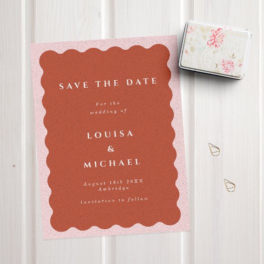 Boho Wavy Border Terracotta & Blush Wedding Save The Date