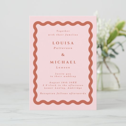 Boho Wavy Frame Blush & Terracotta Wedding Einladung (Stehend Vorderseite)