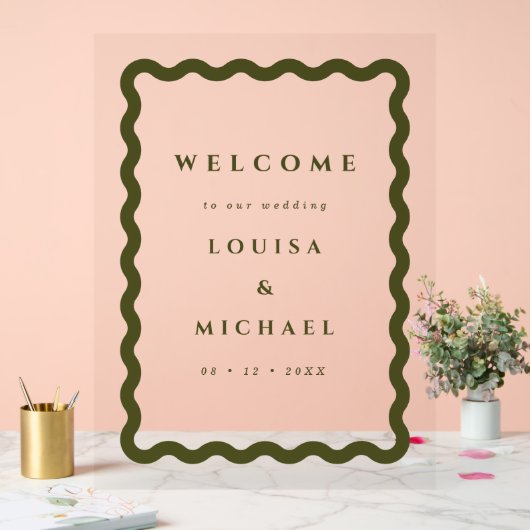 Boho Wavy Frame Green Wedding Willkommen Acrylschild (Hochzeit)