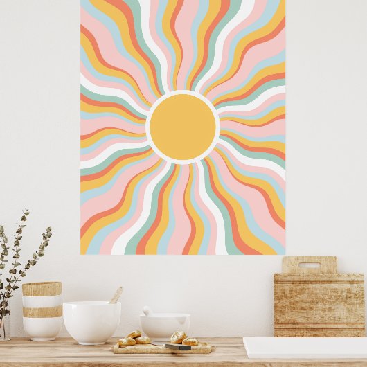 Boho Wavy Sun Rays Retro Design Poster (Küche)