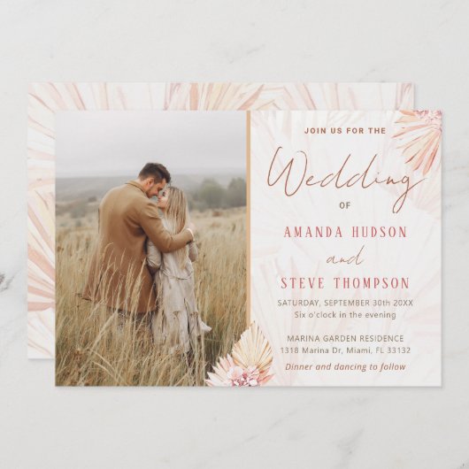 Boho Wedding Bohemisch Pampas Grass Couple Foto Einladung (Vorne/Hinten)