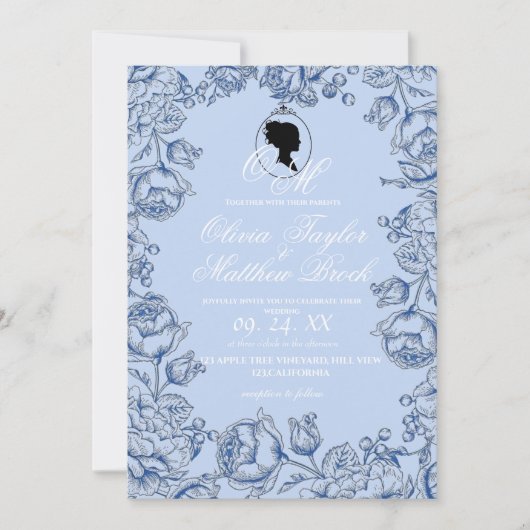Boho Wedding Bridgerton Navy Blue Script Romantik Einladung (Vorderseite)