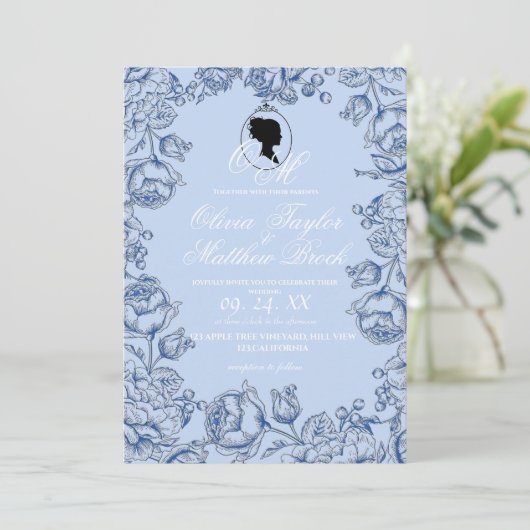 Boho Wedding Bridgerton Navy Blue Script Romantik Einladung (Stehend Vorderseite)
