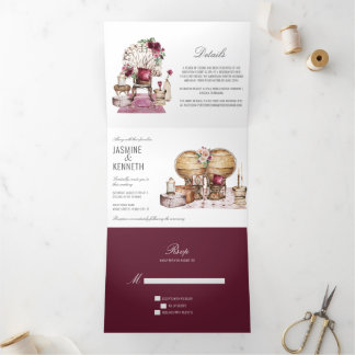 Boho Wedding Burgundy Pink Floral Vintag Elements Dreifach Gefaltete Einladung