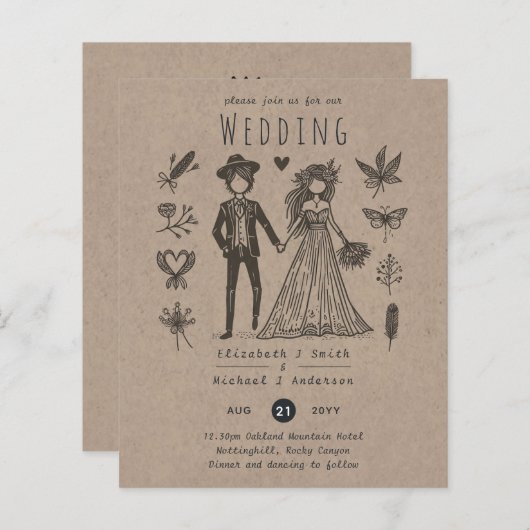 Boho Wedding Cartoon Bride Groom Handgezeichnet (Vorne/Hinten)