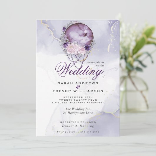 Boho Wedding Celestial Full Moon Amethyst Einladung (Stehend Vorderseite)