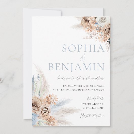 Boho Wedding: Dusty Blue & Ivory Bohemisch Floral Einladung (Vorderseite)