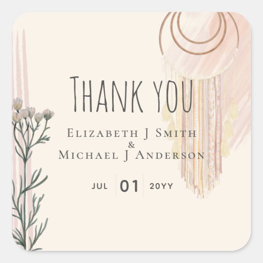 BOHO Wedding Dusty Blue Peach Dream Catcher Quadratischer Aufkleber (Vorderseite)