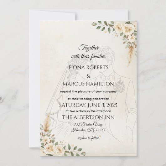 Boho Wedding Einladung Elfenbein Rose & Pampas Gra (Vorderseite)