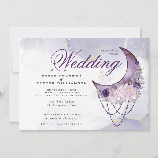 Boho Wedding Esoteric Amethyst Crescent Moon Einladung (Vorderseite)