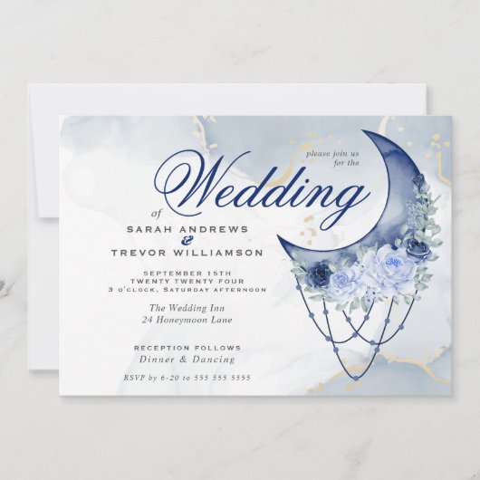 Boho Wedding Esoteric Navy Blauer Halbmond Einladung (Vorderseite)