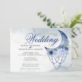 Boho Wedding Esoteric Navy Blauer Halbmond Einladung (Stehend Vorderseite)