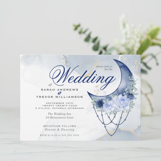 Boho Wedding Esoteric Navy Blauer Halbmond Einladung (Stehend Vorderseite)