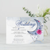 Boho Wedding Esoteric Navy Custom Crescent Moon Einladung (Stehend Vorderseite)